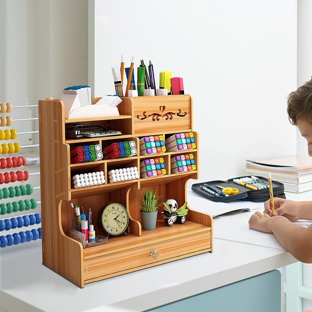 HASTHIP Wooden Desk Organizer for Office Supplies with 30×15×28 cm Storage and Spiral Structure