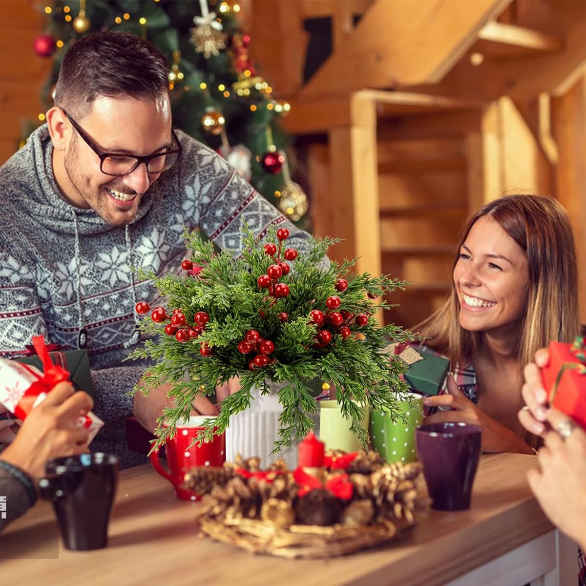 HASTHIP Christmas Pine Branches Set for DIY Decor featuring 35 Pine and 10 Berry Stems