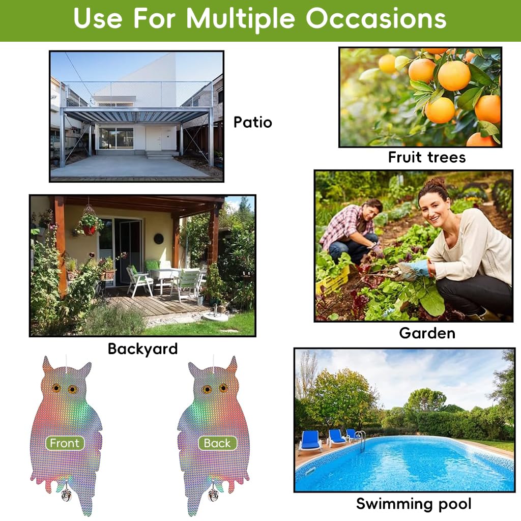 ORTIZA Reflective Anti Bird Hangings for Garden with 17.3 in Owl Design and Bell | PET Outdoor Deterrent