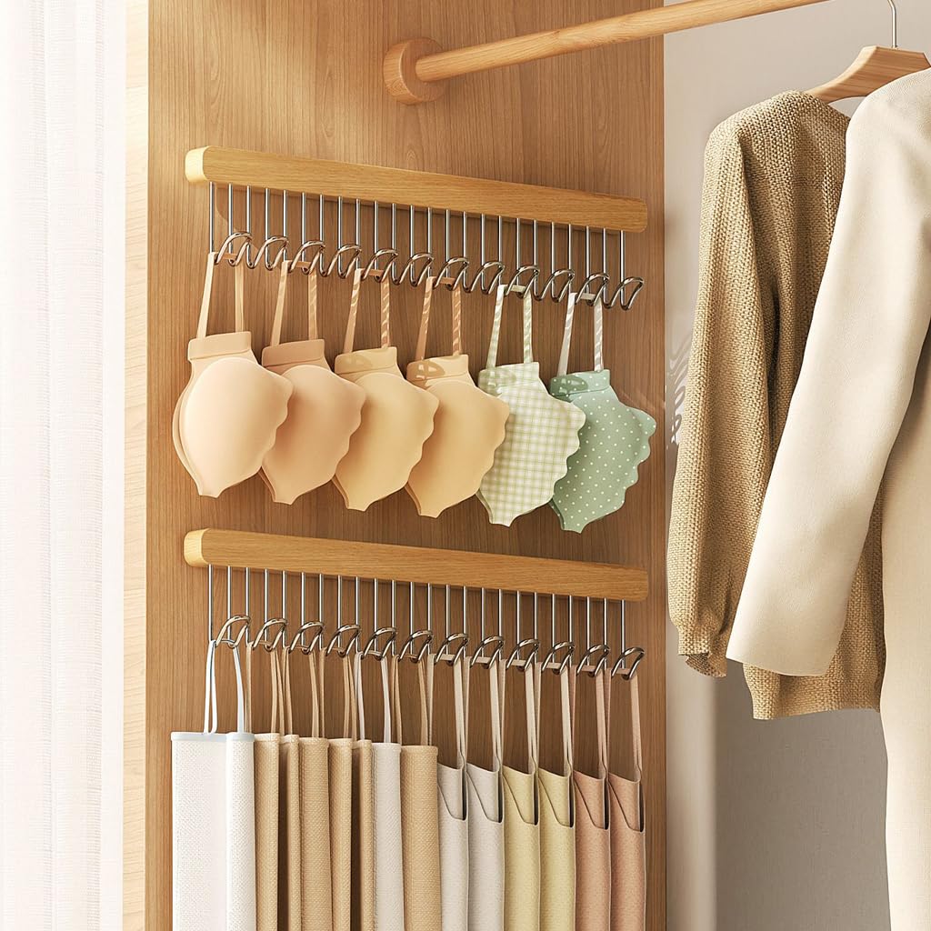 HASTHIP Belt Organiser for Wardrobe with 12 Hooks and Sliding Pull Out Design | Wooden 41x8cm Storage Hanger