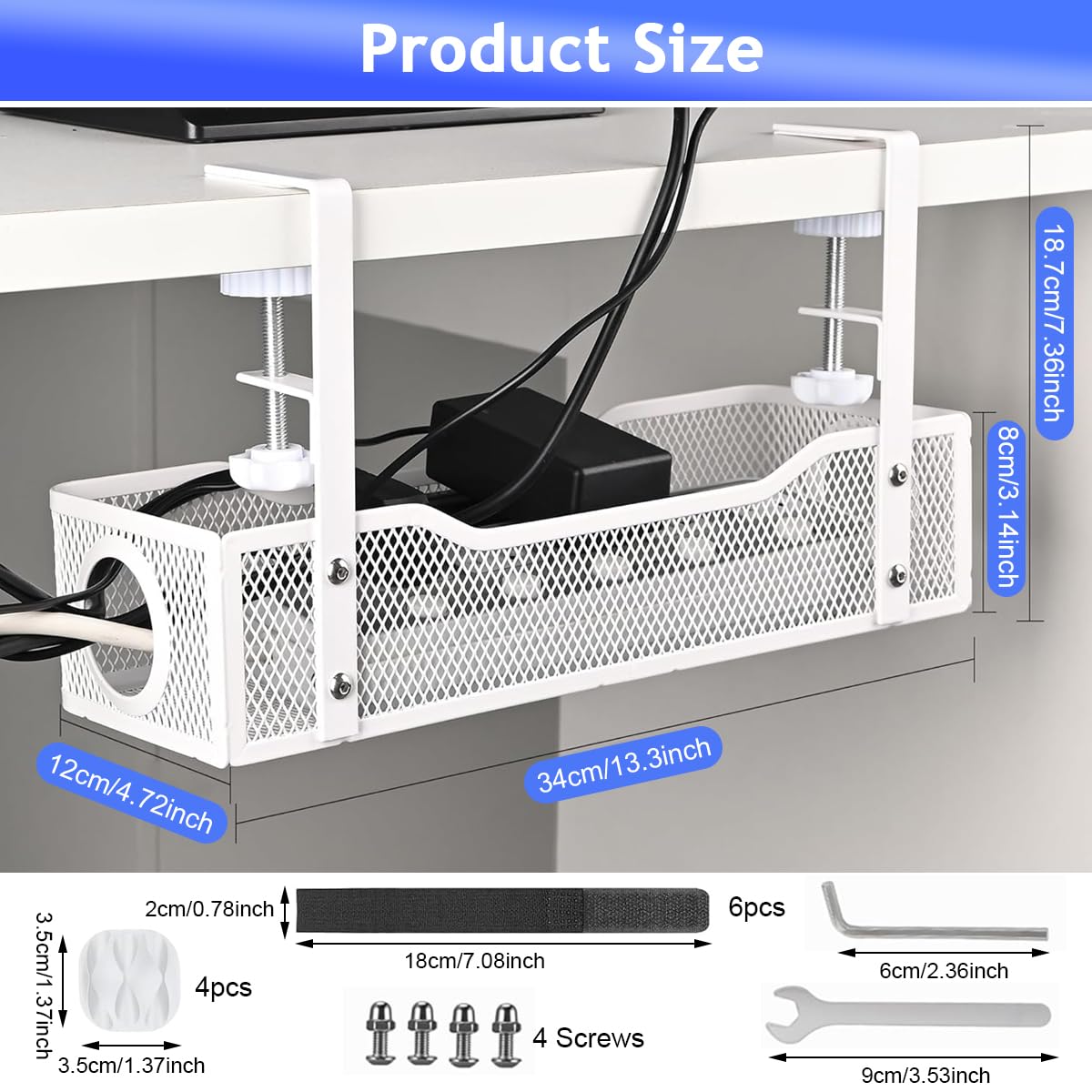 Climberty Under Desk Cable Management Tray with Clamp for Office Use 13x4.7x3.1 in White