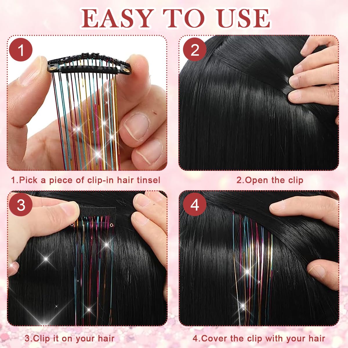 ZIBUYU Hair Tinsel Extensions for Party Styling with 6pcs 23.6 in Clip-on Rainbow Strands | Fairy Hair Accessory