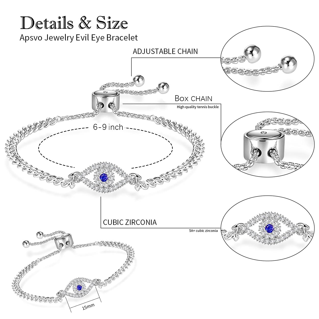 SANNIDHI Evil Eye Bracelet featuring Adjustable Chain and Silver Alloy with Rhinestones | Women Jewelry Gift