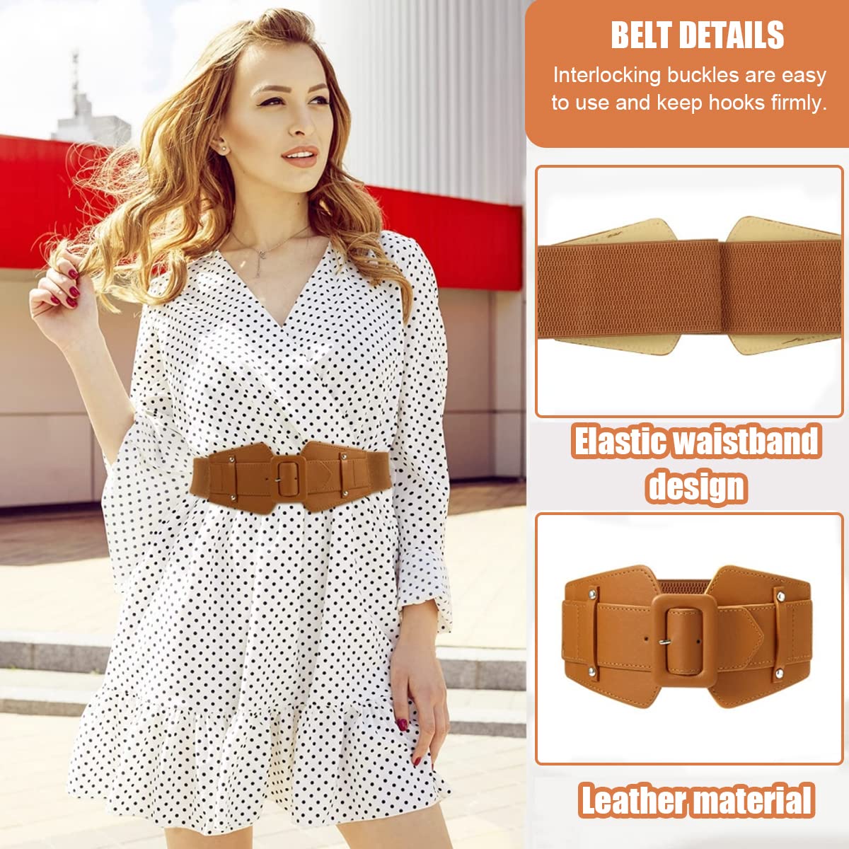 GUSTAVE Women Belt for Dresses featuring Wide Buckle 2.8 in Elastic PU Waist | Brown Style