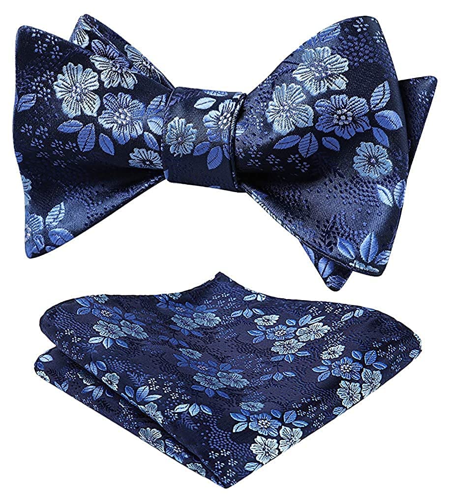 GUSTAVE Men's Bow Tie-Floral Jacquard Bow Tie Set Pocket Square Exquisite Collection (Blue)