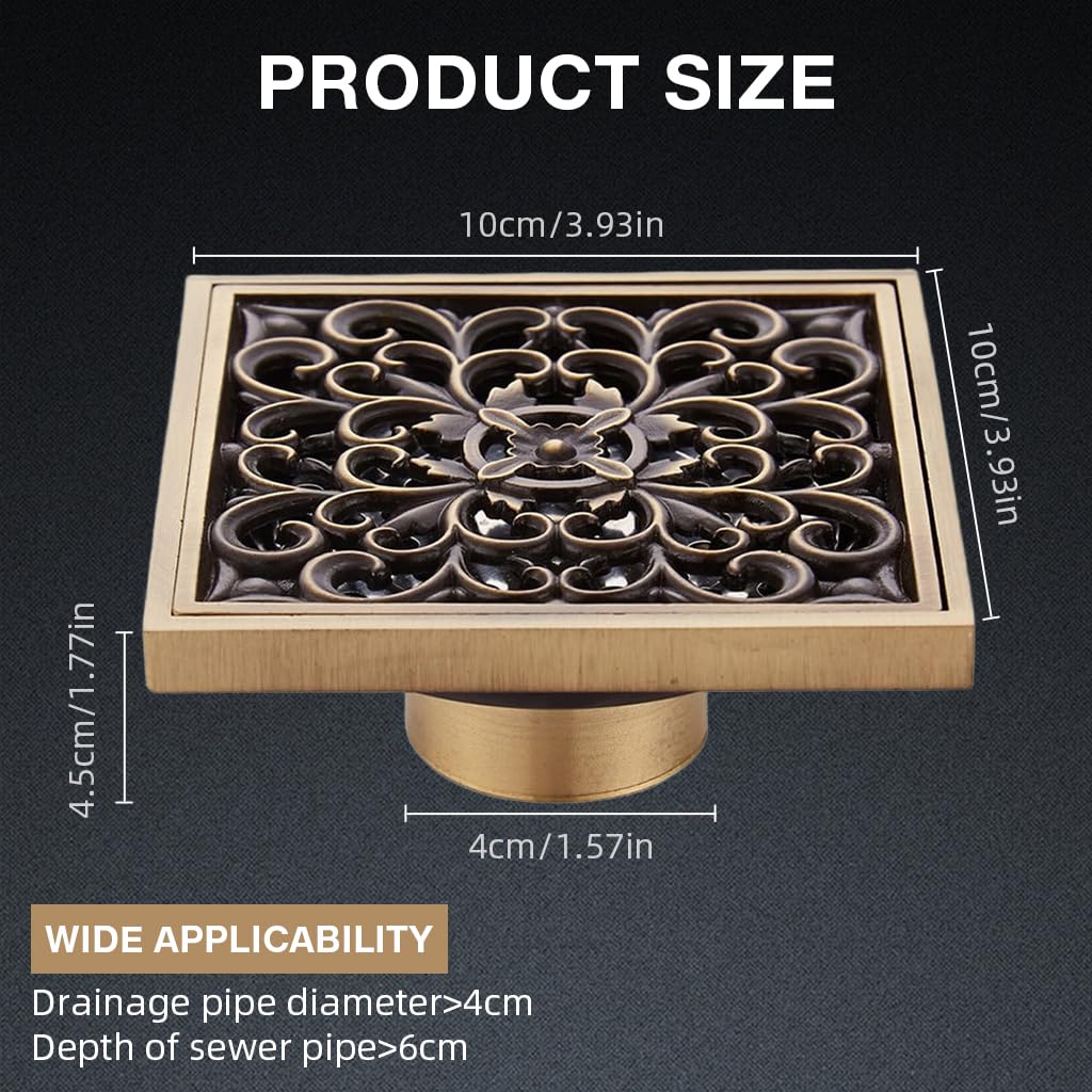 HASTHIP Bathroom Floor Drain for Shower with Self-Opening Anti-Odor Mechanism | 3.93 in Antique Brass Square Featuring Floral Cut-Out Cover