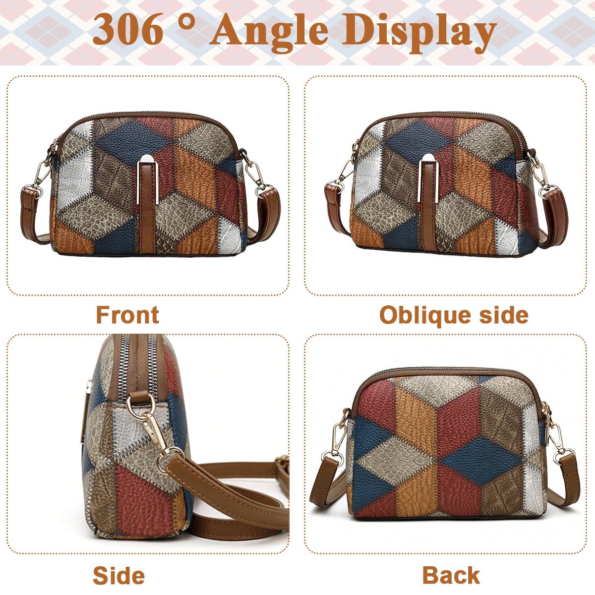 PALAY® Mini Colorblock Crossbody Bag, Retro Rhombus Pattern Purse, Fashion Shoulder Bag