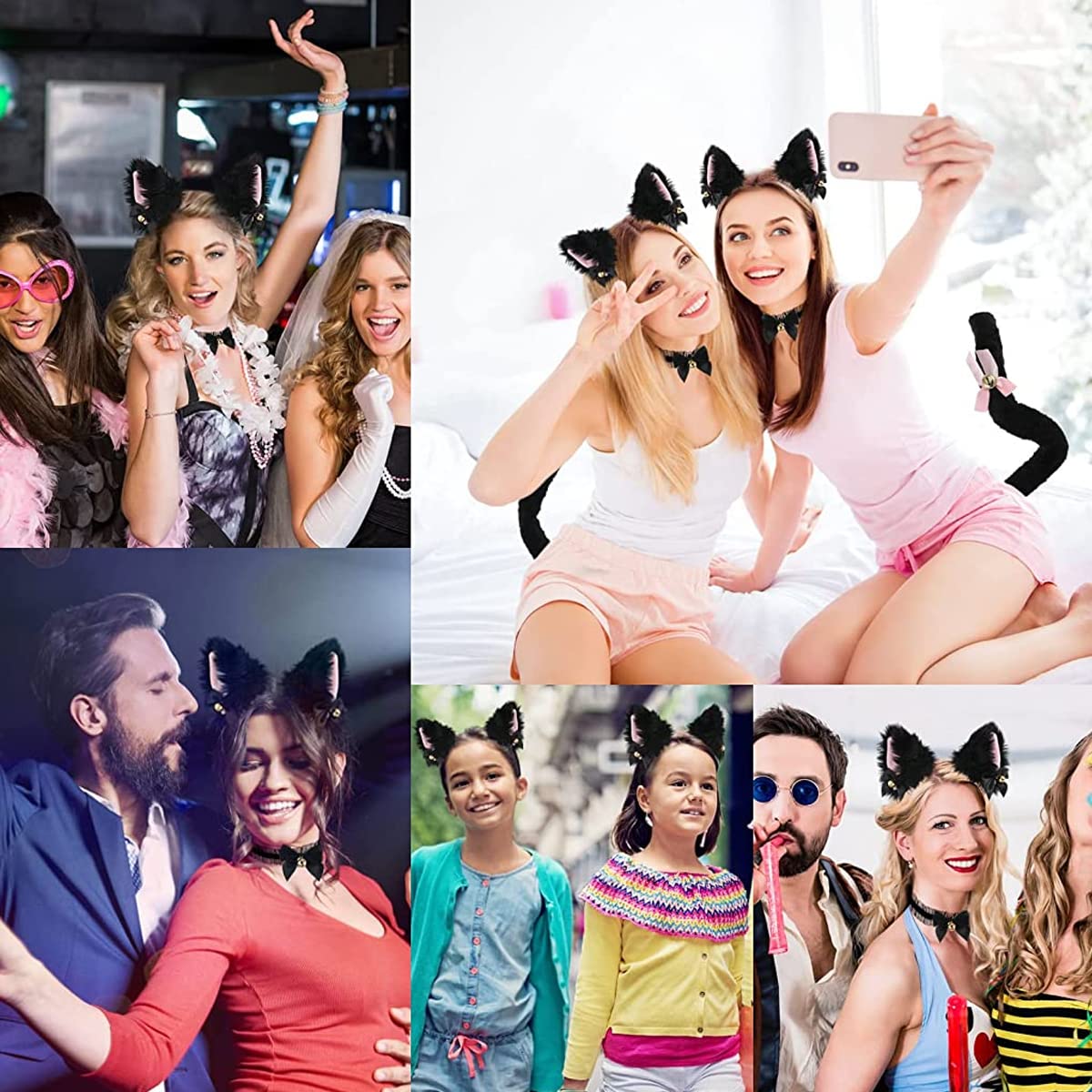 Venzina Cat Ears Headband Set for Halloween and Cosplay with Lace Choker & Fur Tail | Cute Gift for Women and Girls