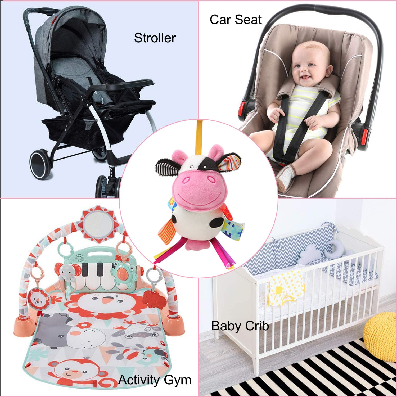 SNOWIE SOFT Hanging Toys for New Born Baby Rattle Crinkle Squeaky Toy Car Seat Stroller Toys Plush Animal C-Clip Ring for Infant Babies Boys and Girls 3 6 9 to 12 Months(Cow)