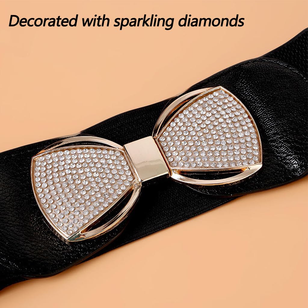 Zibuyu Wide Elastic Belt for Women featuring Gold Bowknot & Diamond | Stretch 65–85cm Black Faux Leather