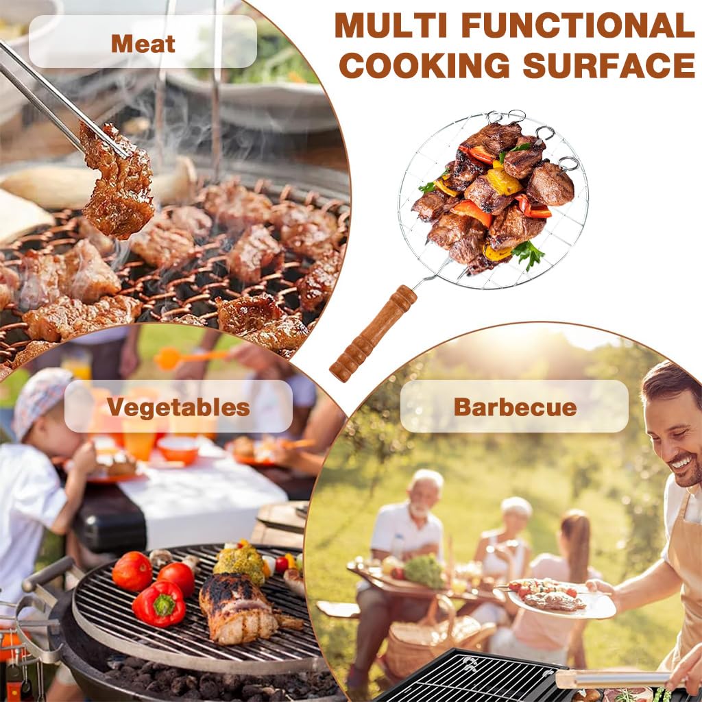 Supvox Wooden Handle Round Grill Rack for Outdoor Cooking with 7.4 in Stainless Steel Grid