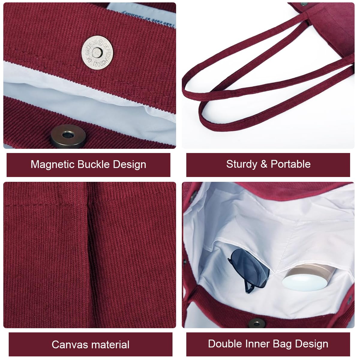 PALAY Tote Bag for Women with Reinforced Handles Corduroy Burgundy Large 3PCS Set