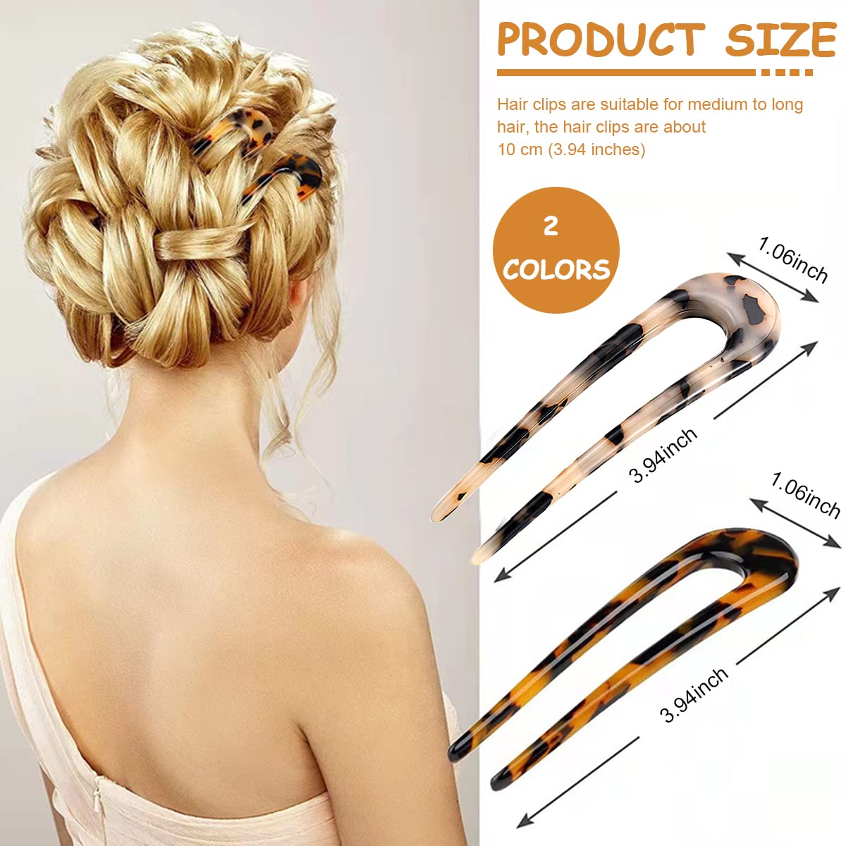 MAYCREATE Hairpin for Secure Hair Buns with 10 cm U Shaped Design and Amber Texture | 2 Pcs Set