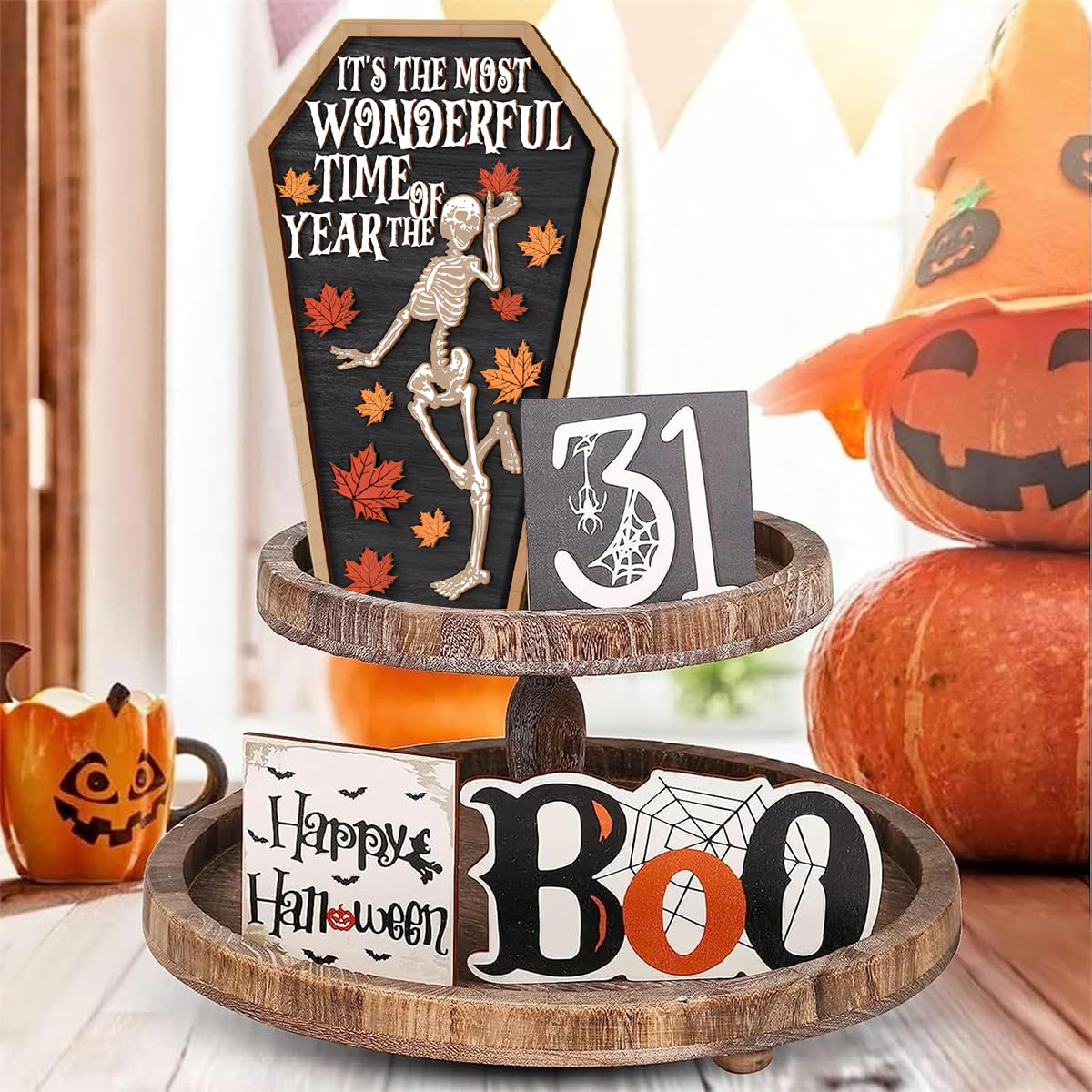 HASTHIP Halloween Desk Decor for Party and Home featuring Wooden Skeleton Coffin Panel 6.3x11.8cm