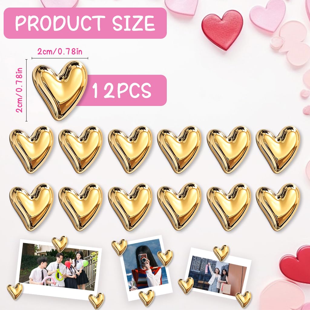 HASTHIP Refrigerator Magnets for Home and Office with 12 Heart Shapes 0.7 in Resin Gold Finish | Strong Decorative Holders for Notes and Photos
