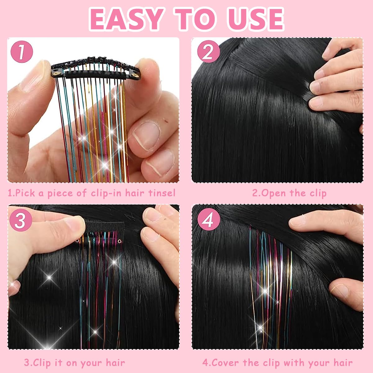 MAYCREATE® 6pcs Hair Tinsel Clip-in Glitter Hair Extensions for Women, 20.5in Pink Shiny Tinsel Strands, Heat Resistant Fairy Sparkle Hair Accessories for Girls Kids Festival Cosplay Party Gift