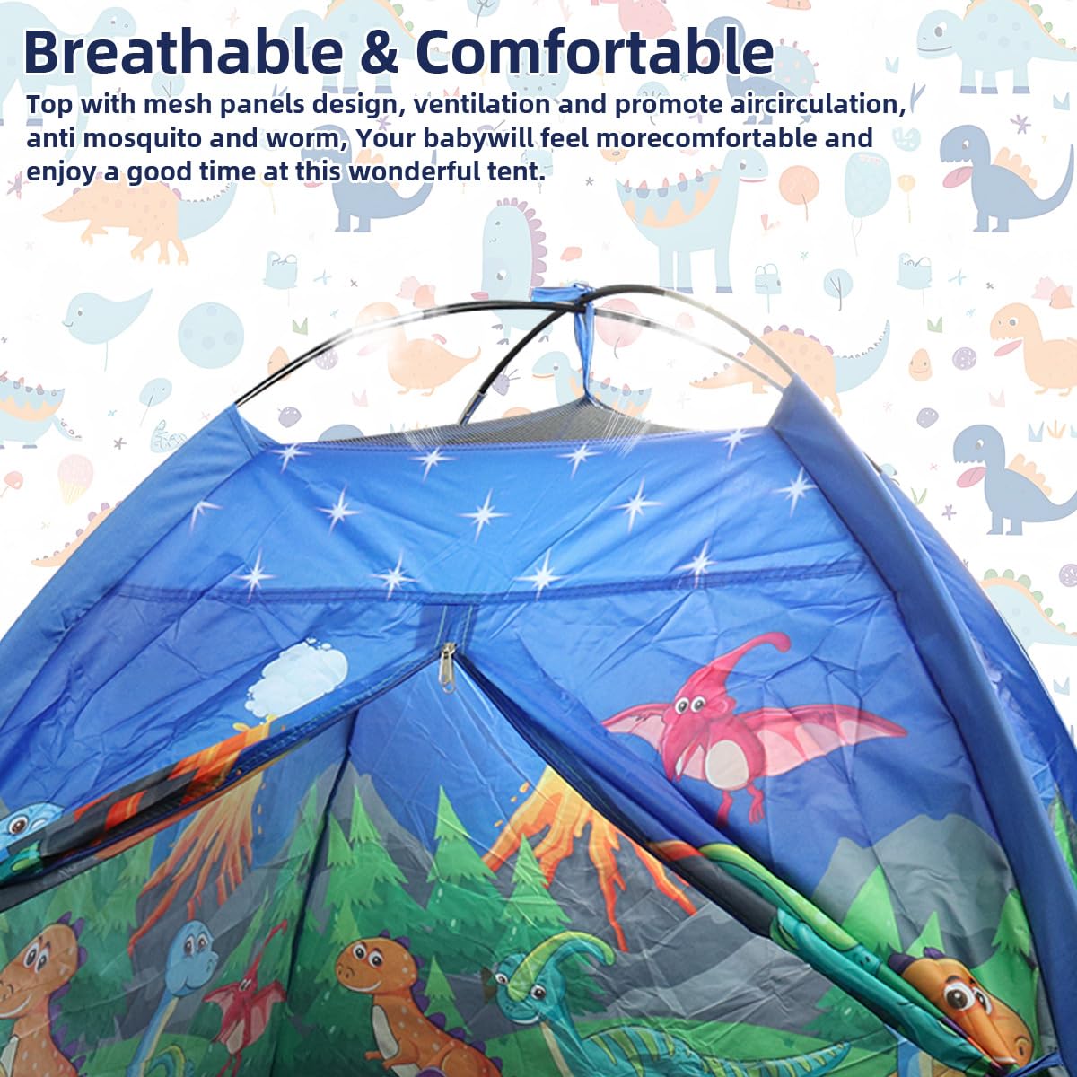 PATPAT Indoor Play Tent House for Kids featuring Breathable Mesh Roof 120x120x102cm | Cartoon Dinosaur Design