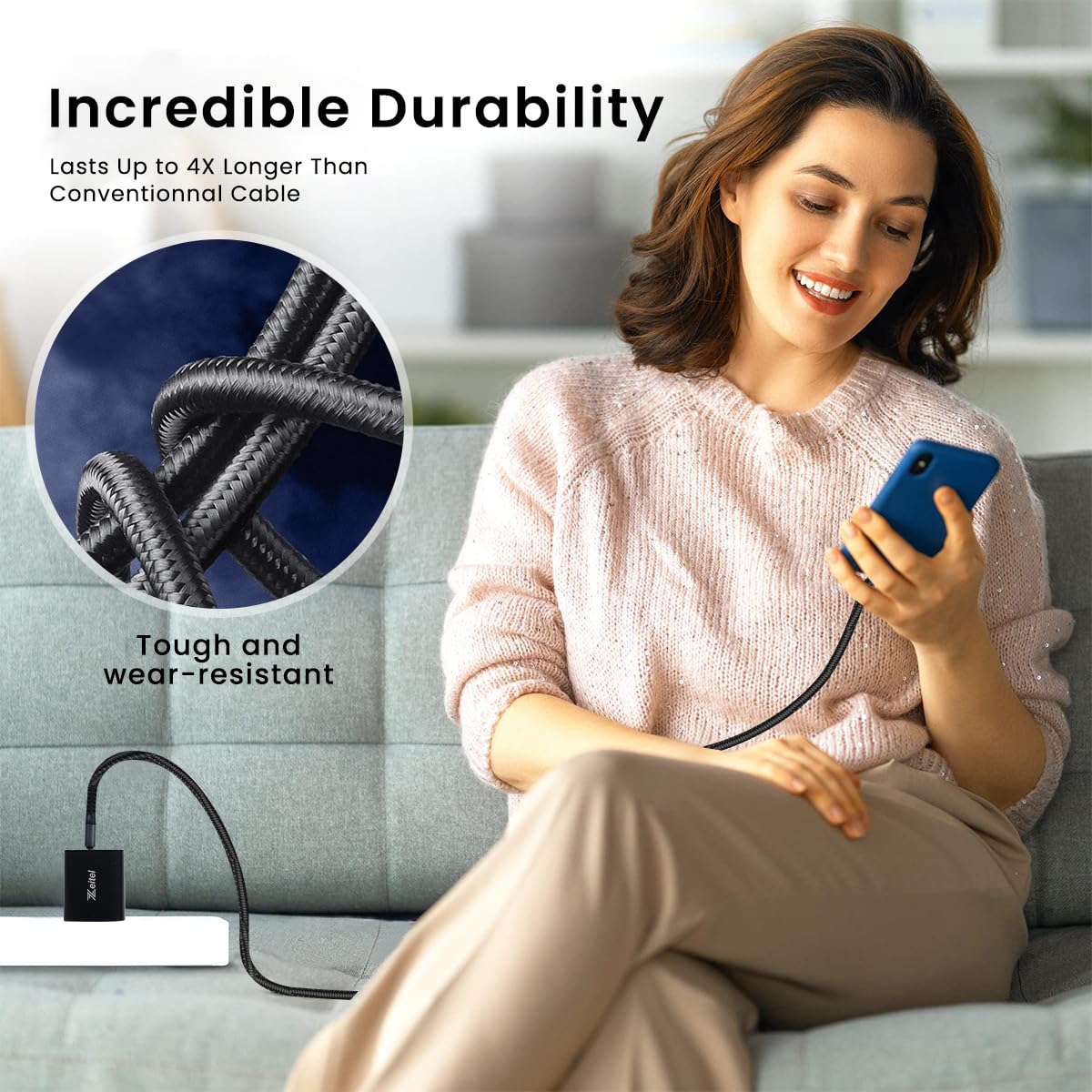 Zeitel 30W Adapter for iPhone with Dual USB A and C Ports featuring LCD Fast Charging Cable