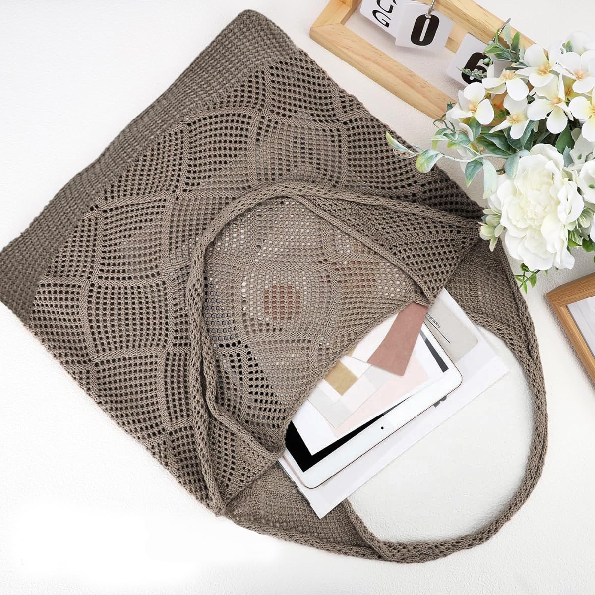 Venzina Hand Bag for Everyday Style featuring Hollow Out Crochet Design 29x37cm Khaki