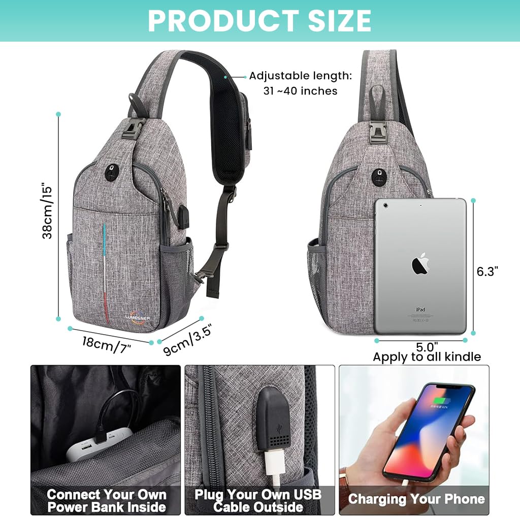 GUSTAVE Crossbody Bag for Travel and Hiking with 7 Inch Phone Pouch and Charging Port | Gray