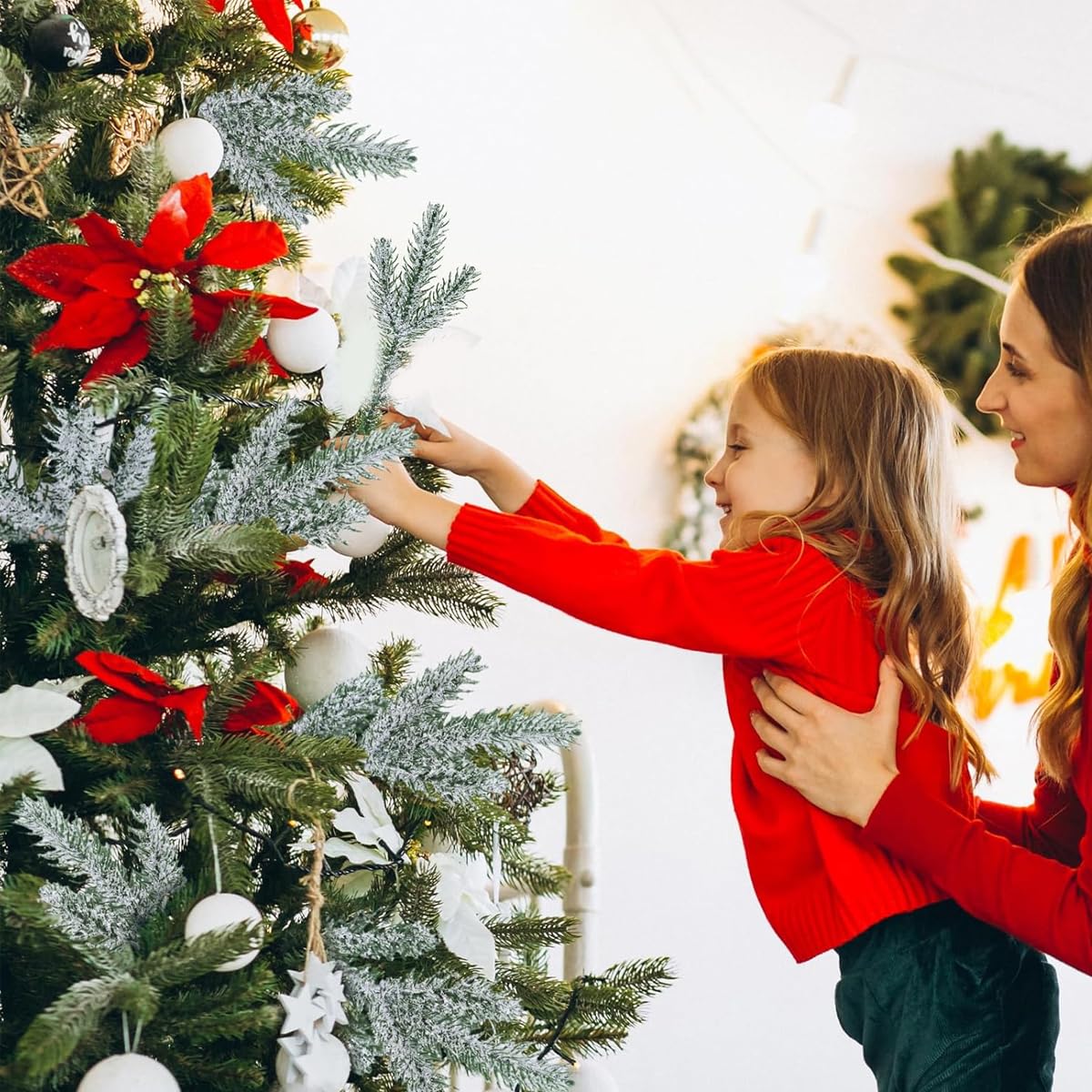 HASTHIP Christmas Decorations Combo for Tree and Wreath with 30 Snow Dusted Pine Branches | Red Berry Pinecones for DIY Crafts