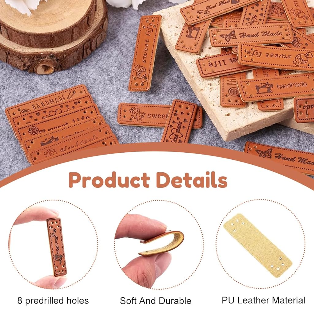 HASTHIP 50pcs Leather Lables Leather Tags for Brand Pre-Punched Fashion Embossed PU Labels for DIY Leather Crafts, Handmade Craft, Token Gift, DIY Hat, Crochet Art, 5 x 1.5cm