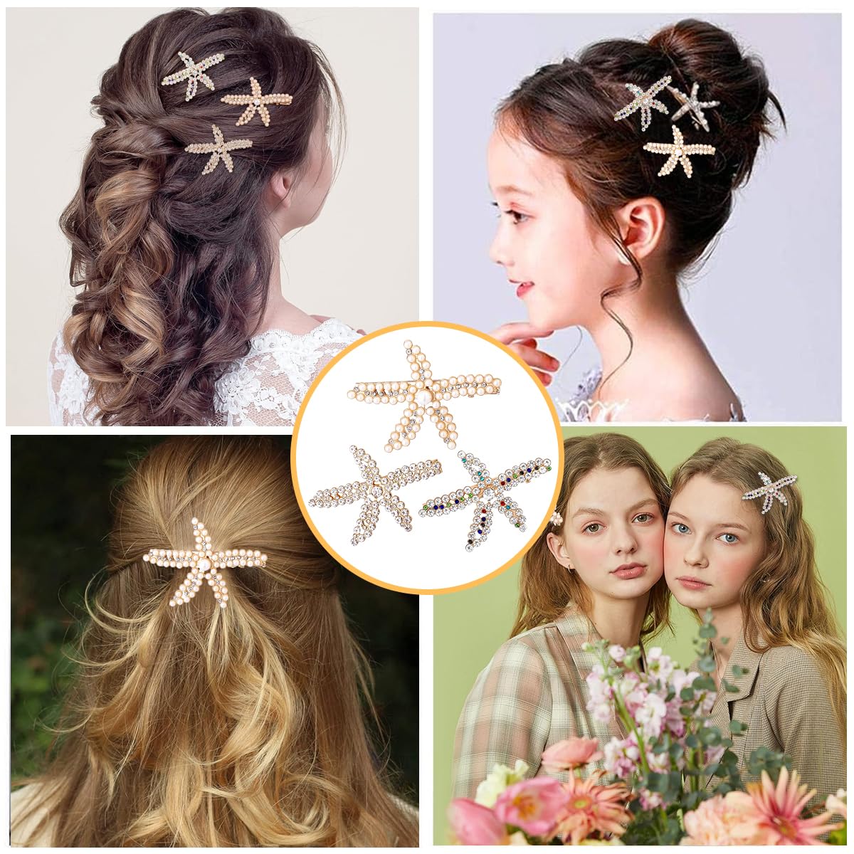 PALAY® 3pcs Starfish Hair Clips for Women Stylish Latest Rhinestone Pearls Hair Clip Sea Star Crystal Headpiece Shining Gold Alloy Wedding Hair Acccessories for Girls Bride