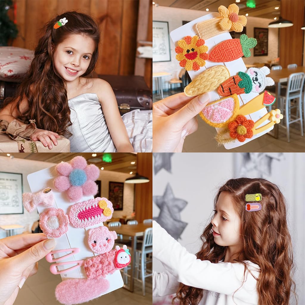 SANNIDHI Kawaii Girls Hair Clips for Kids with Handmade Crochet Cartoon Design | 35 Pcs Set