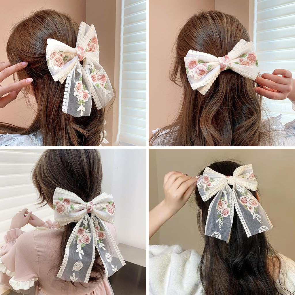 Venzina® 2 Pcs Bow Clips for Women Girls Stylish Lace Large Embroidery Flower Hair Bows with Long Tail Elegant Bow Hair Clips Barrettes Cute Hair Accessories for Women