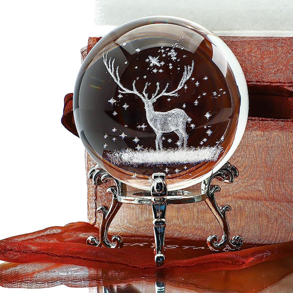 HASTHIP 3D Inner Christmas Deer Crystal Ball with Silver-Plated Stand 6cm Glass Decor | Elegant Home Ornament and Gift