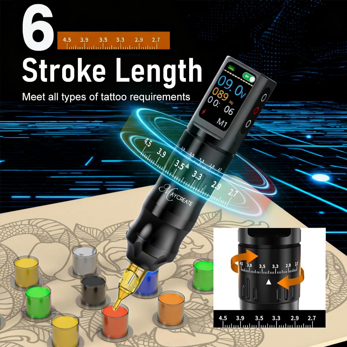 MAYCREATE Wireless Rotary Tattoo Pen Machine with 2.7–4.5mm Stroke & LCD Display | 1200mAh Rechargeable Ergonomic Grip