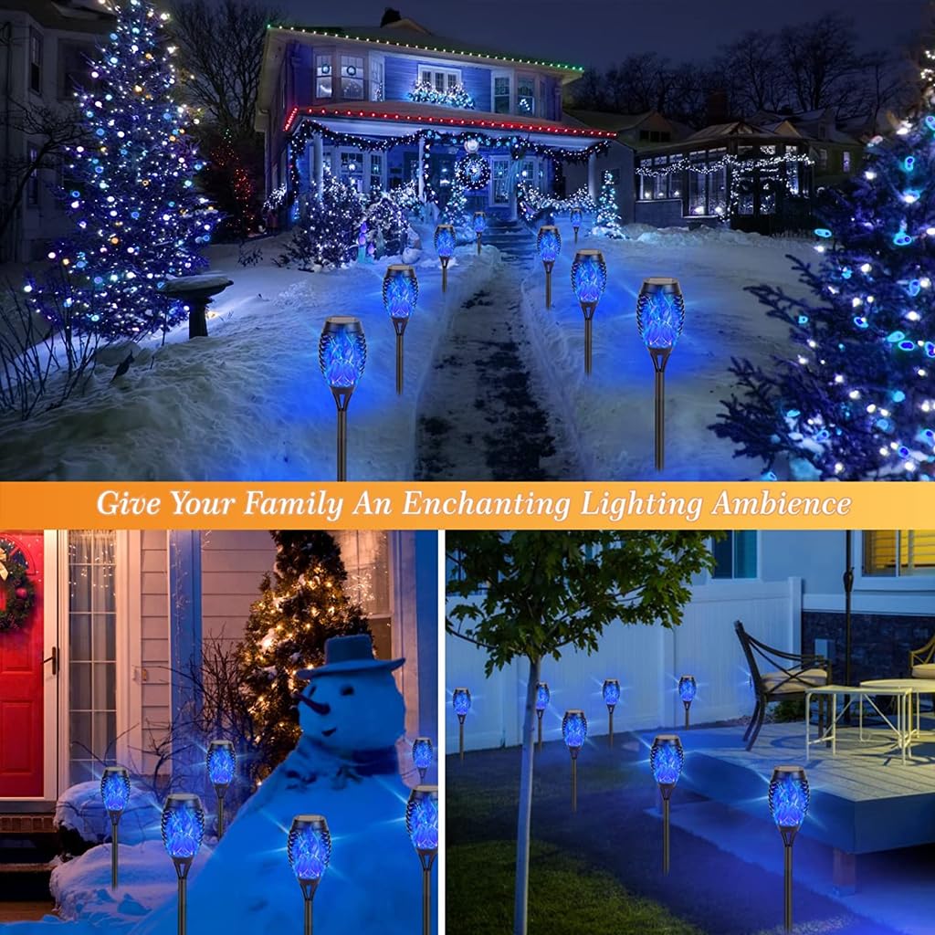 Qpets Solar LED Garden Lights for Outdoor Decor with Flickering Flame Effect | 4pcs Blue IP65 Waterproof Lamps