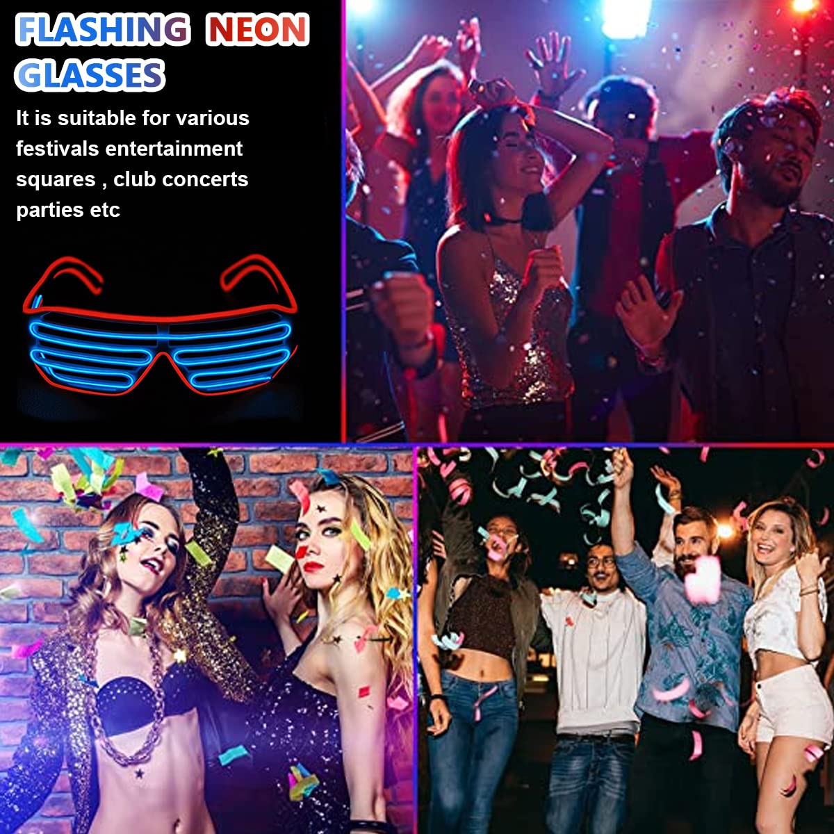 PATPAT Party Glasses, Light Up Flashing Shutter Neon Glasses, Two-Tone Glasses Glow in The Dark for Rave Party, Halloween, Christmas, 3 Light Modes (Red- Blue)