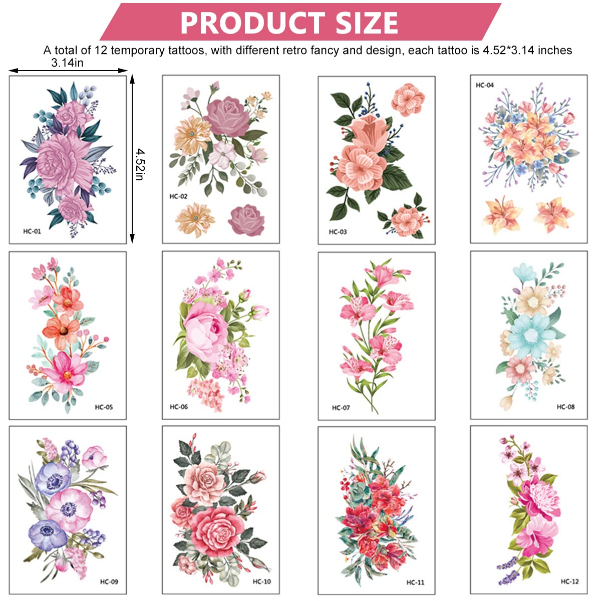 HASTHIP® 12 Sheets Waterproof Color Flowers Temporary Assorted Roses Tatto Stickers for Body Tattoos Art