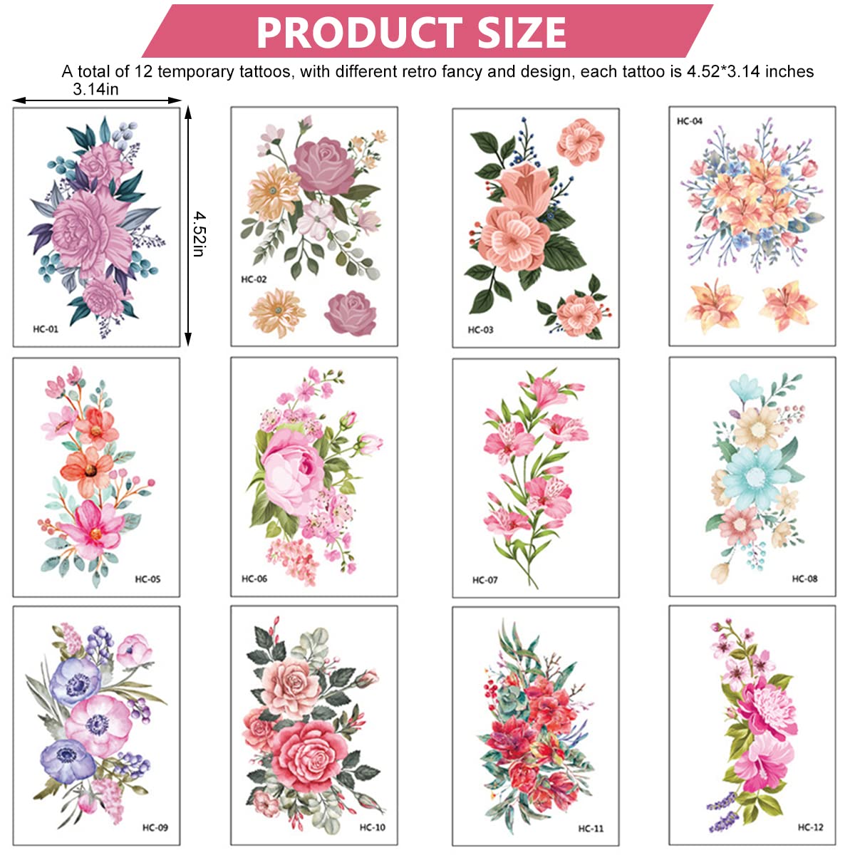 HASTHIP 12 Sheets Waterproof Color Flowers Temporary Assorted Roses Tatto Stickers for Body Tattoos Art
