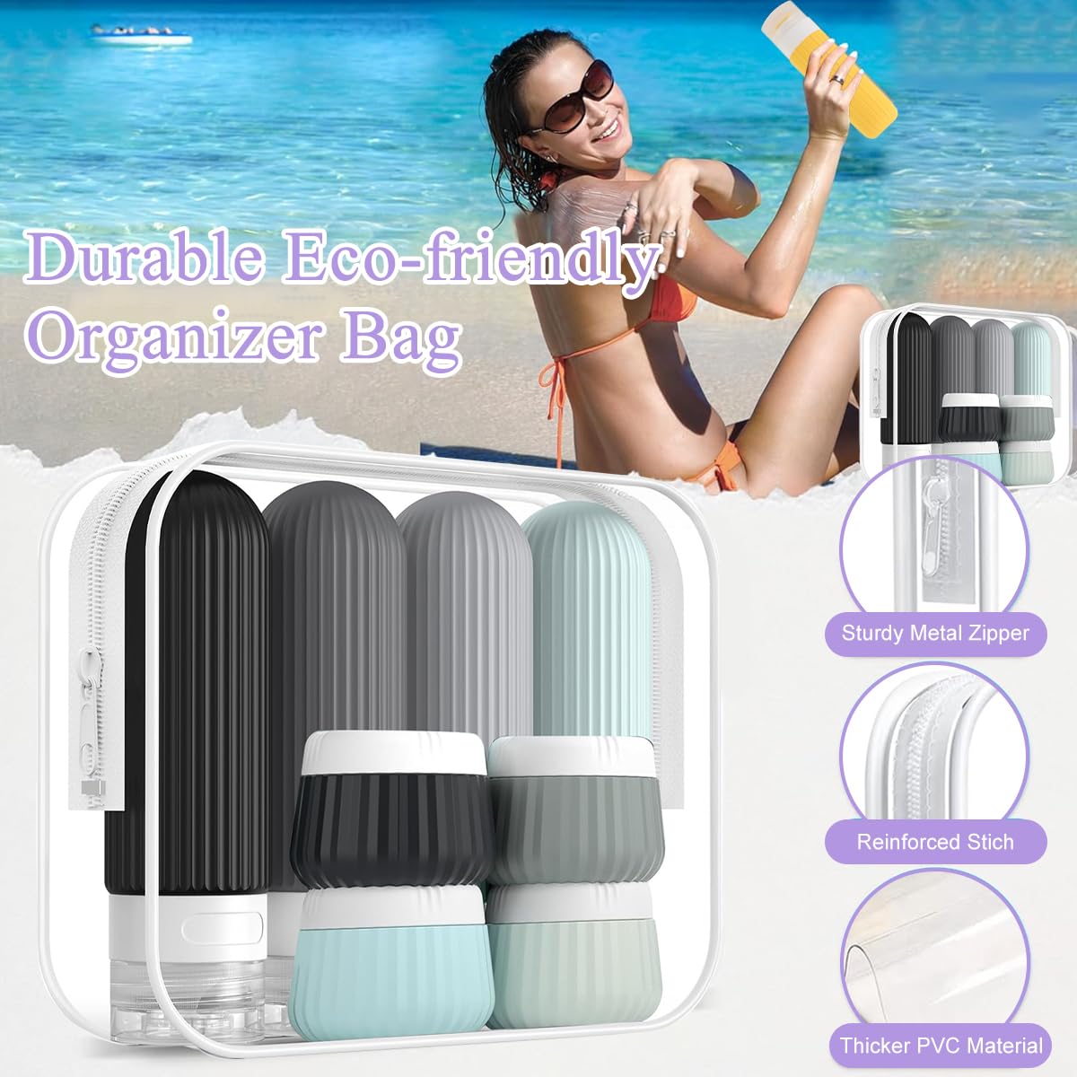 MAYCREATE Toiletries Travel Bottle Set for Air Trips with Leakproof Flip Lids and 90ml Silicone Bottles | Includes 40ml Cream Jars