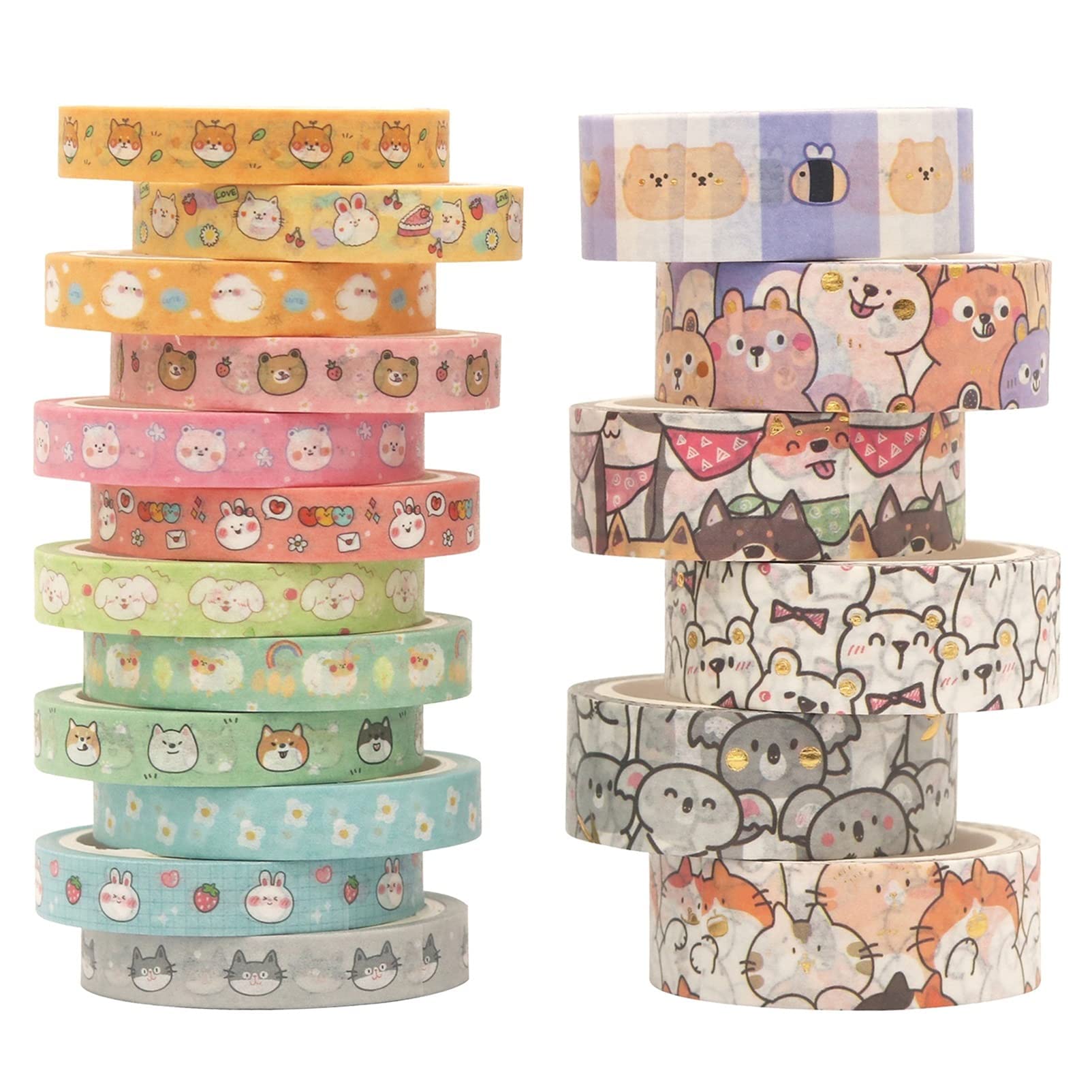 HASTHIP 18 Rolls Cute Pets Washi Tape Set Gold Embellishment Decorative Masking Tapes for Arts, DIY Crafts, Bullet Journals, Planners, Scrapbook, Wrapping,Travel