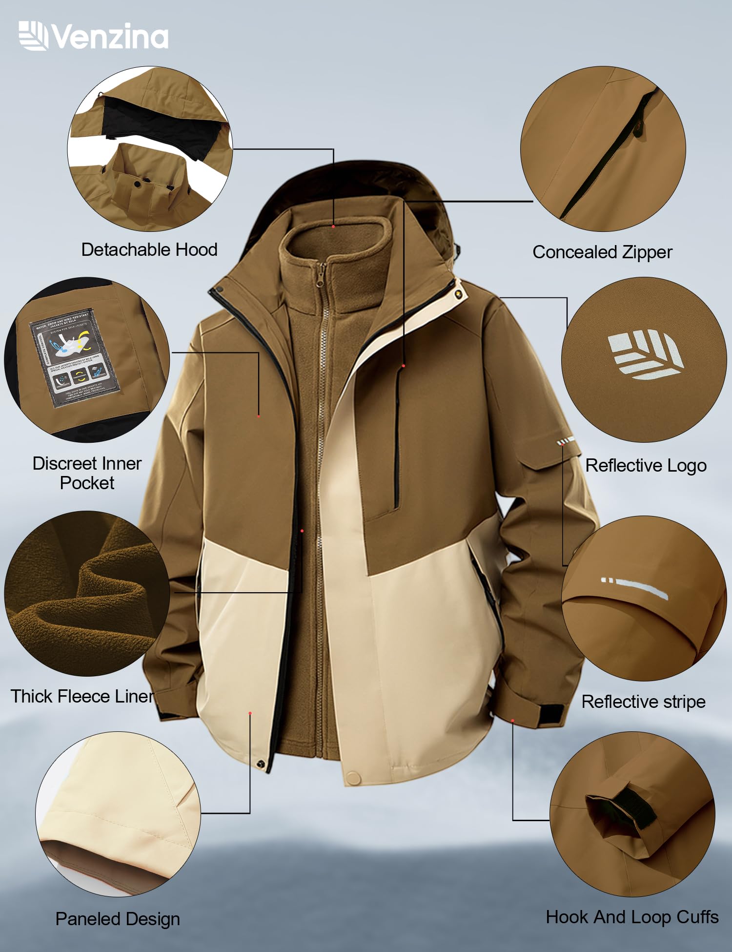 Venzina Men's 3 in 1 Outdoor Hiking Jacket for Winter Sports with Detachable Fleece Liner | Waterproof Windproof Army Brown Coat