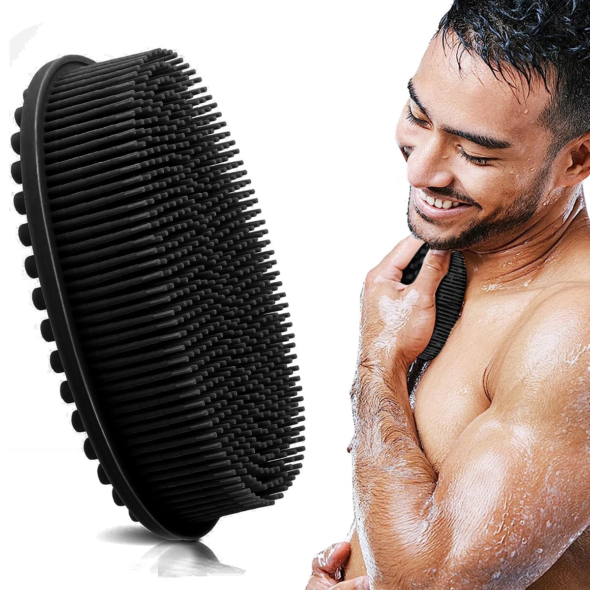 MAYCREATE® Silicone Body Scrubber, Silicone Loofah Shower Body Scrubber with Handle, 2 in 1 Body Exfoliator Scrubber Body Scrub Bath Scalp Massager Shampoo Brush for All Kinds of Skin, Black