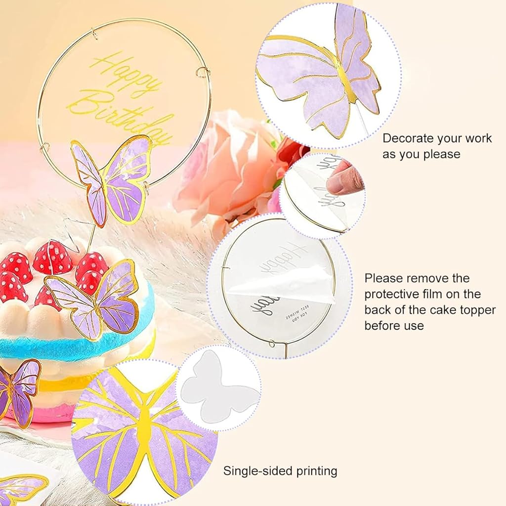 HASTHIP® 40pcs Butterfly Cake Toppers for Cake Decoration, Cute Butterfly Cake Decoration Items Happy Birthday Cake Topper for Cake Decoration with 1 Acrylic & 1 Iron Happy Birthday Topper