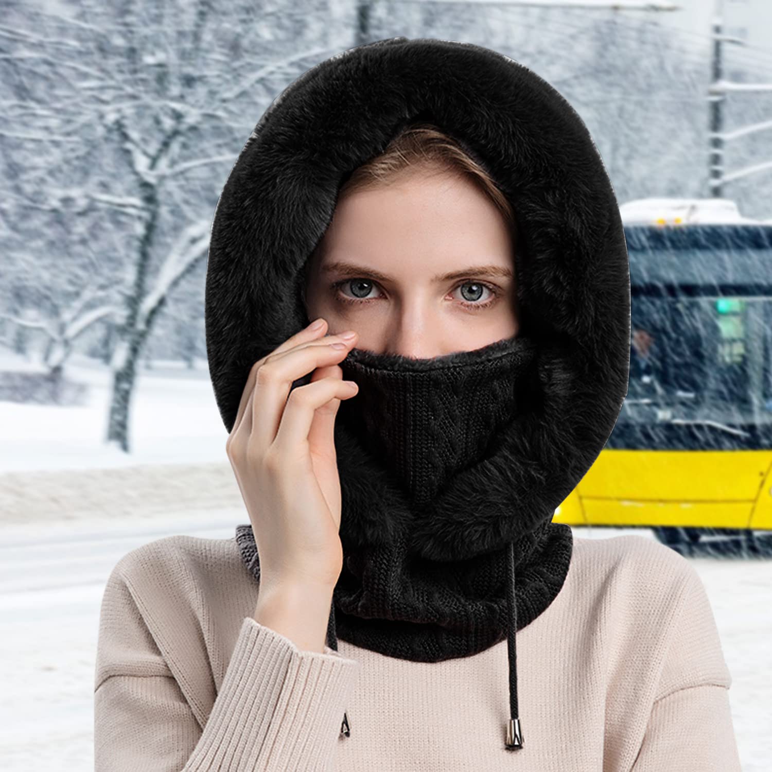 PALAY® Winter Cap for Women One-piece Knitted Warm Winter Hat with Neck Warmer Hood Scarf & Mask, Fashion Snow/Wind Proof Soft Fleece Lined Scarf Hat for Outdoor Riding Skiing (Black)