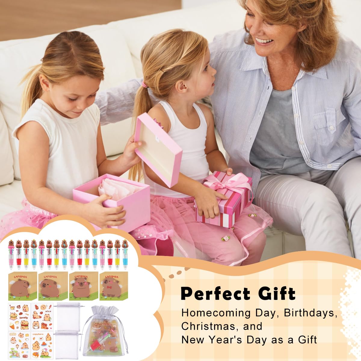 Climberty Cartoon Student Stationery Gift Kit with Pens Sticky Notes & Stickers for School | Cute Capybara Set in Sheer Drawstring Bag