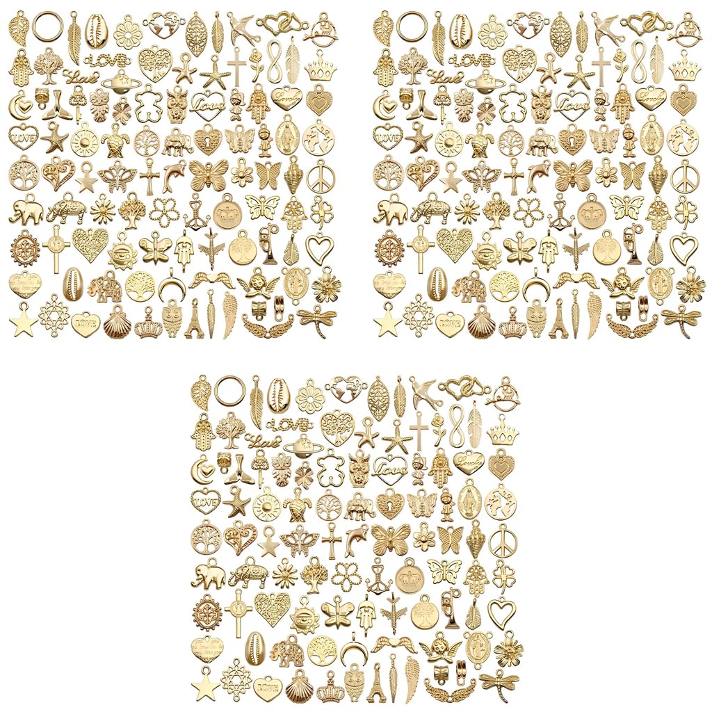 MAYCREATE Jewellery Making Charms for DIY Pendants and Bracelets Kit 300pcs Gold Alloy | Hanging Hole Design for Crafting Supplies