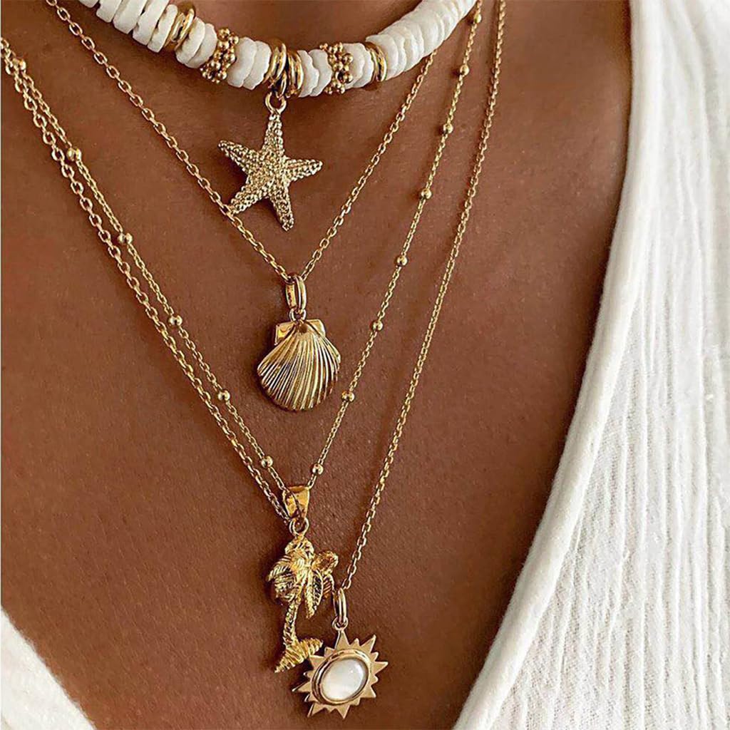 Venzina® Necklace for Women and Girls Seashell Exotic Boho Choker Necklace 4 Layered Necklace Adjustable Chain Starfish Conch Necklace Beach Shell Jewellery Accessories Birthday Gift for Women - 1 Pcs