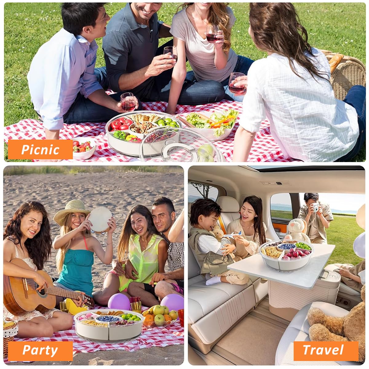 Supvox Snackle Box Container for Snacks and Fruits with 6 Compartments and Rotating Lid | Food Grade PET PP Serving Tray