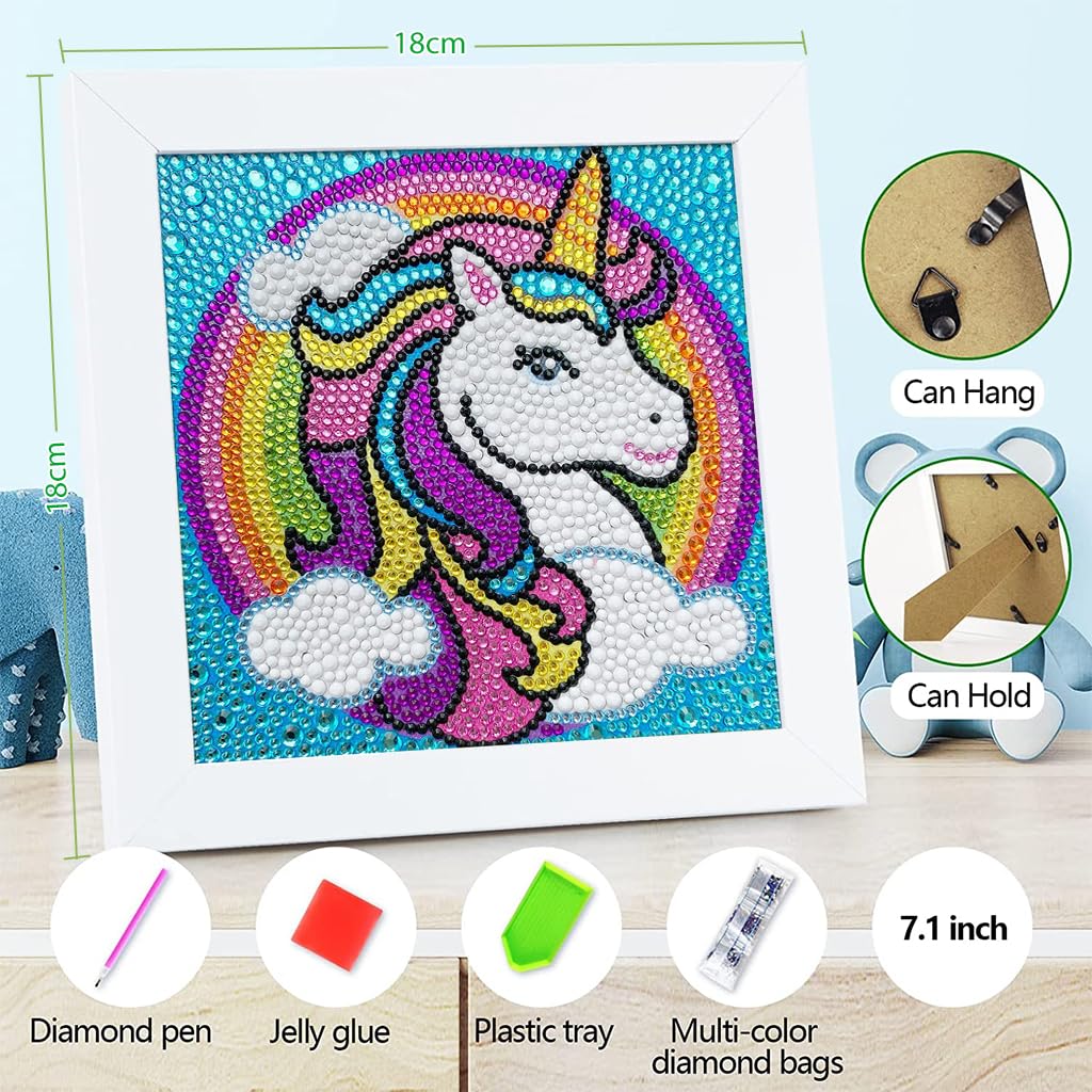 PATPAT® DIY 5D Diamond Painting Kit for Kids Rainbow Unicorn Diamond Art Supplies, Arts and Crafts Painting with Frame & Tool, Unicorn Diamond Painting Art Kits for Children Unicorn DIY Desk Decor