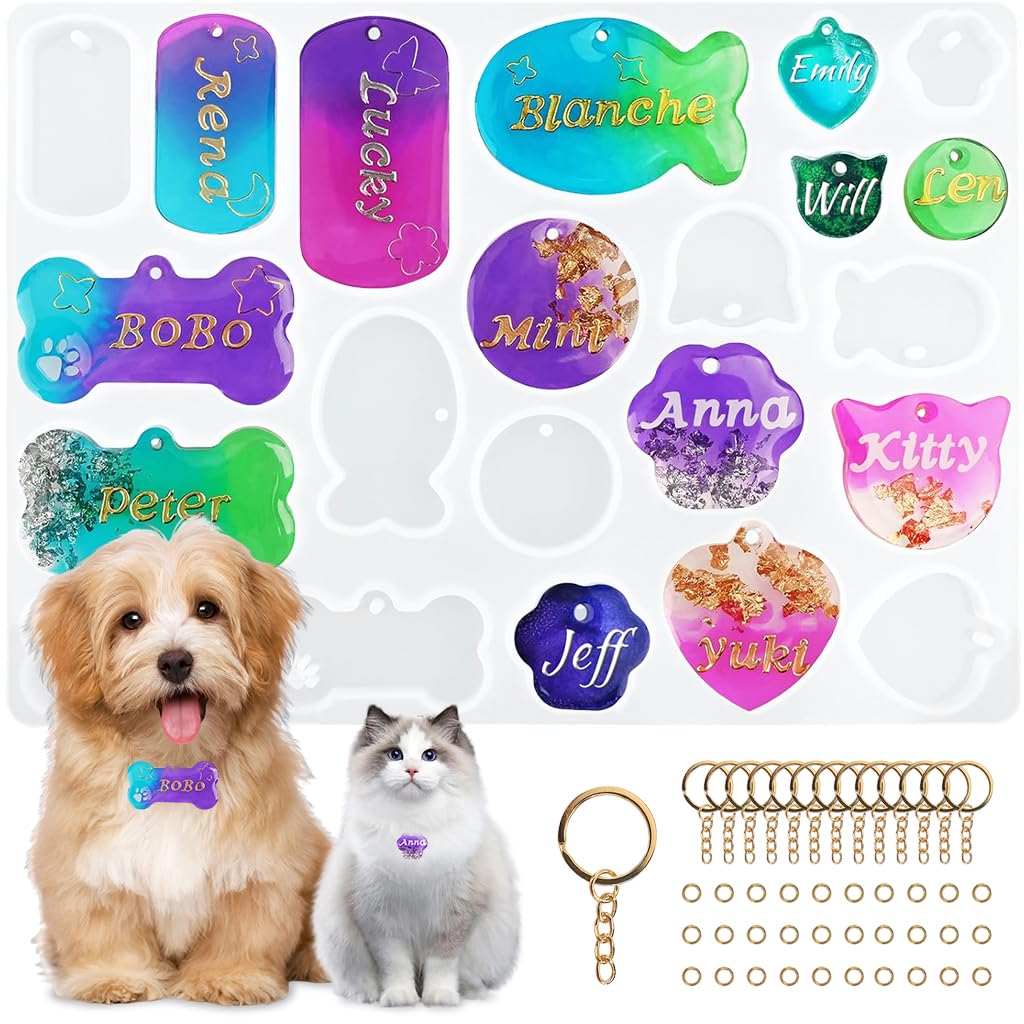 HASTHIP Pet Tag Resin Molds for DIY Dog and Cat Name Tags with Pre-Cut Hole Design | Flexible Silicone Keychain Casting Kit