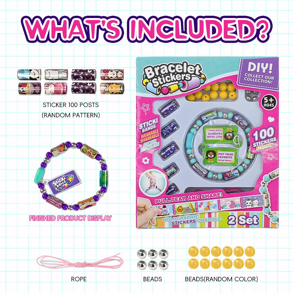 PATPAT DIY Sticker Bracelet Set with 100 Mini Stickers and Elastic Beads | Fun Gift for Kids