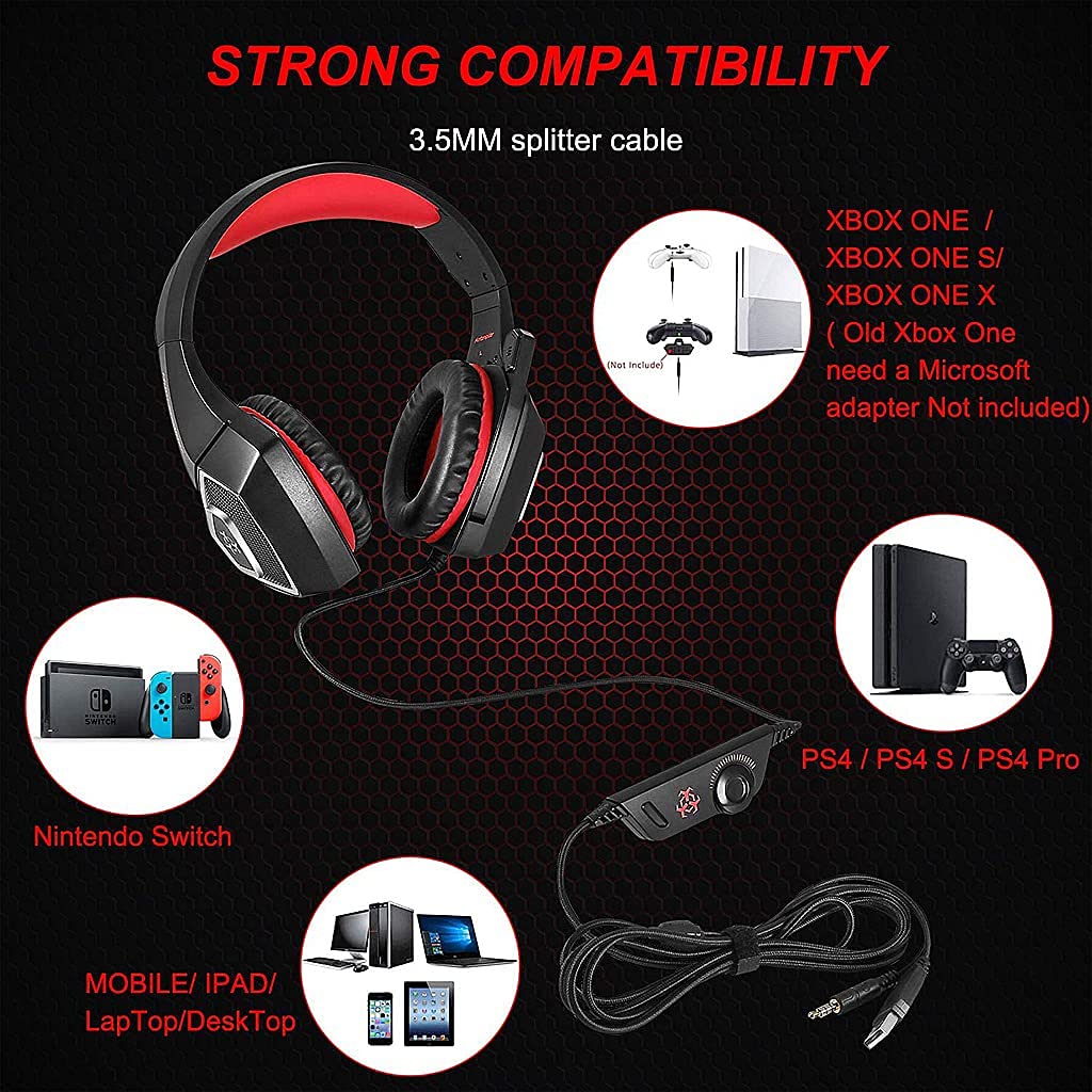 ZORBES® Gaming Headset with Mic LED Light Over-Ear Surround Sound Noise Cancelling & Volume Control for PC,Xbox One,Laptop,Tablet,Nintendo Switch,Mobile -Red