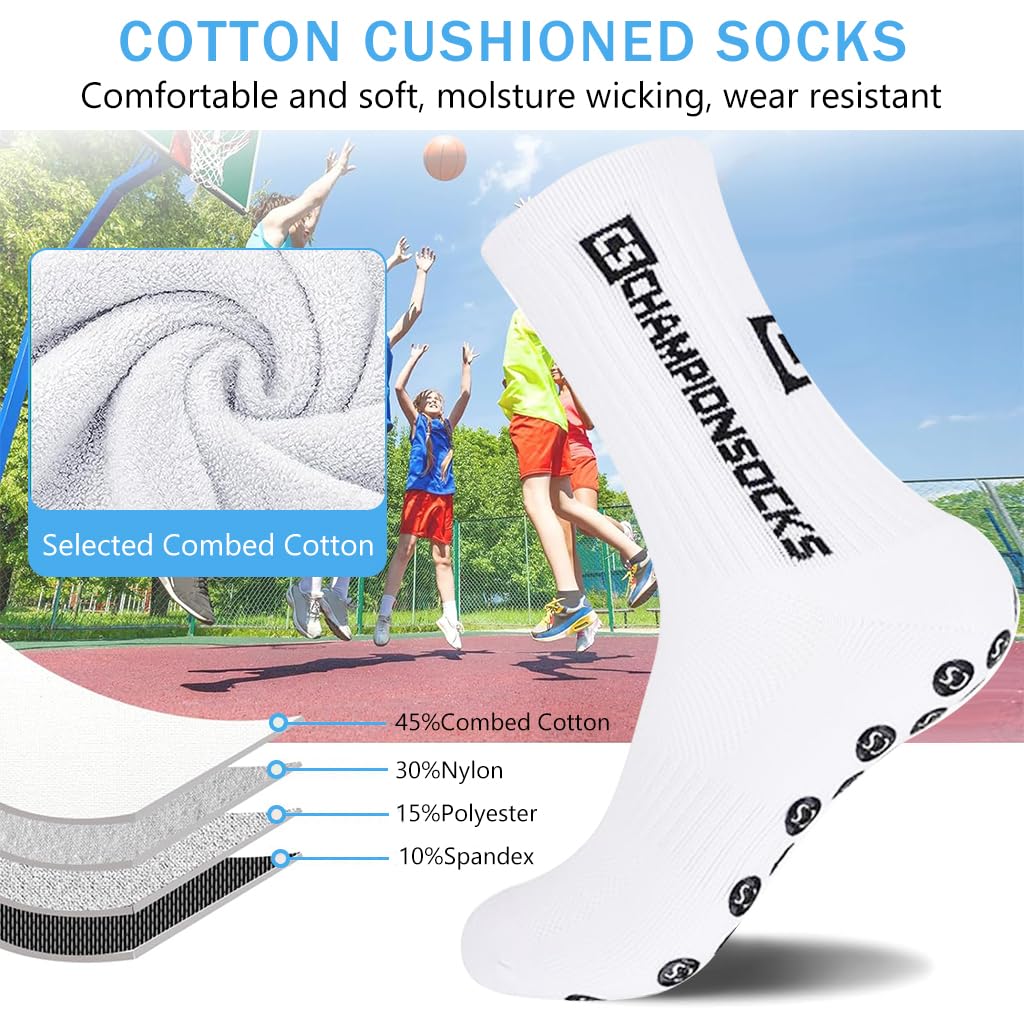 PROBEROS Football Socks for Men with Silicone Grip Dots and Thick Cushion White | Anti Slip Athletic Performance